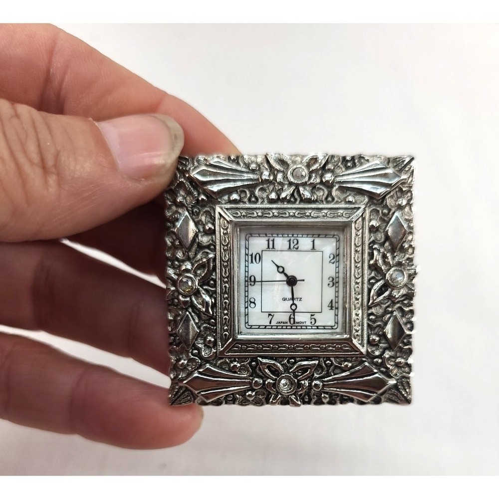 Watch Brooch Forem Silvertone Rhinestones Quartz